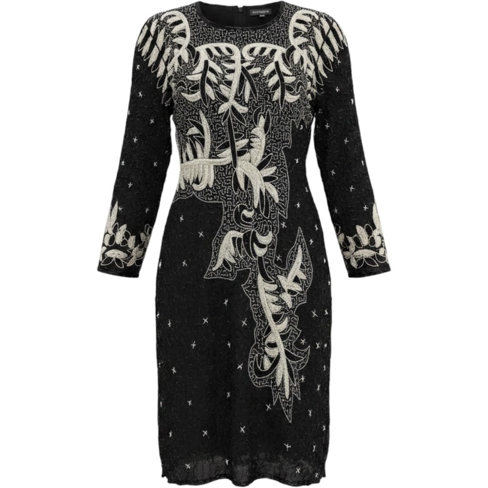VTG Carina Silk Beaded Sequin Floral Sheath Dress Black White XL Cocktail Dress